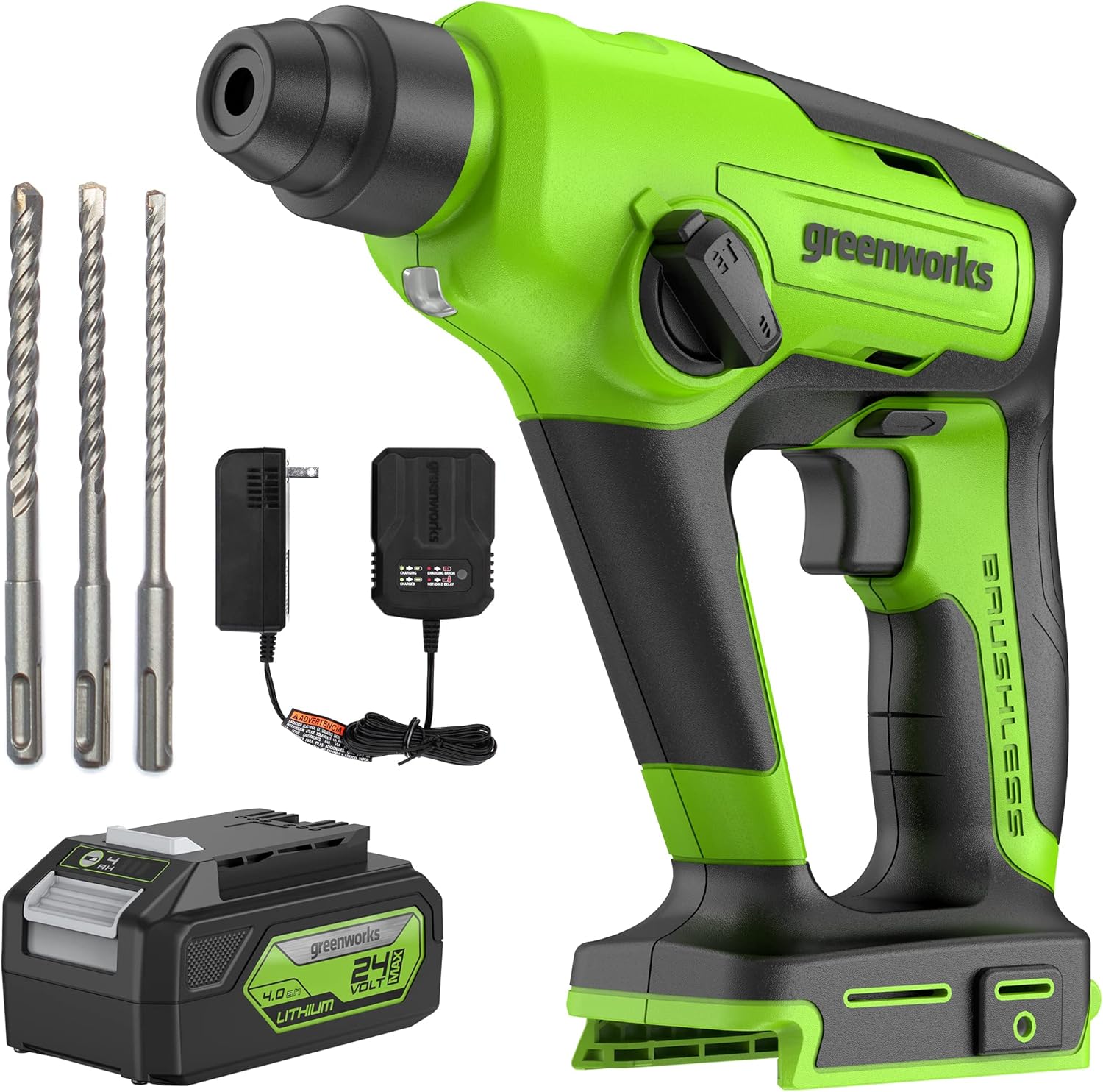 Greenworks 24V Cordless SDS 1.2J Heavy Duty Rotary Hammer Drill, 1-Inch Brushless Hammer Drill for Concrete, 2-Mode And Vairable Speed, 4AH Battery & Charger Included - Image 1
