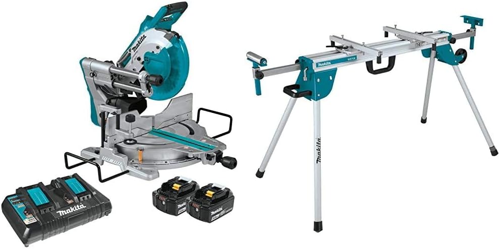 Makita XSL06PT 18V X2 (36V) LXT Lithium-Ion Brushless Cordless 10" Dual-Bevel Sliding Compound Miter Saw with Laser Kit (5.0Ah) with WST06 Compact Folding Miter Saw Stand - Image 1