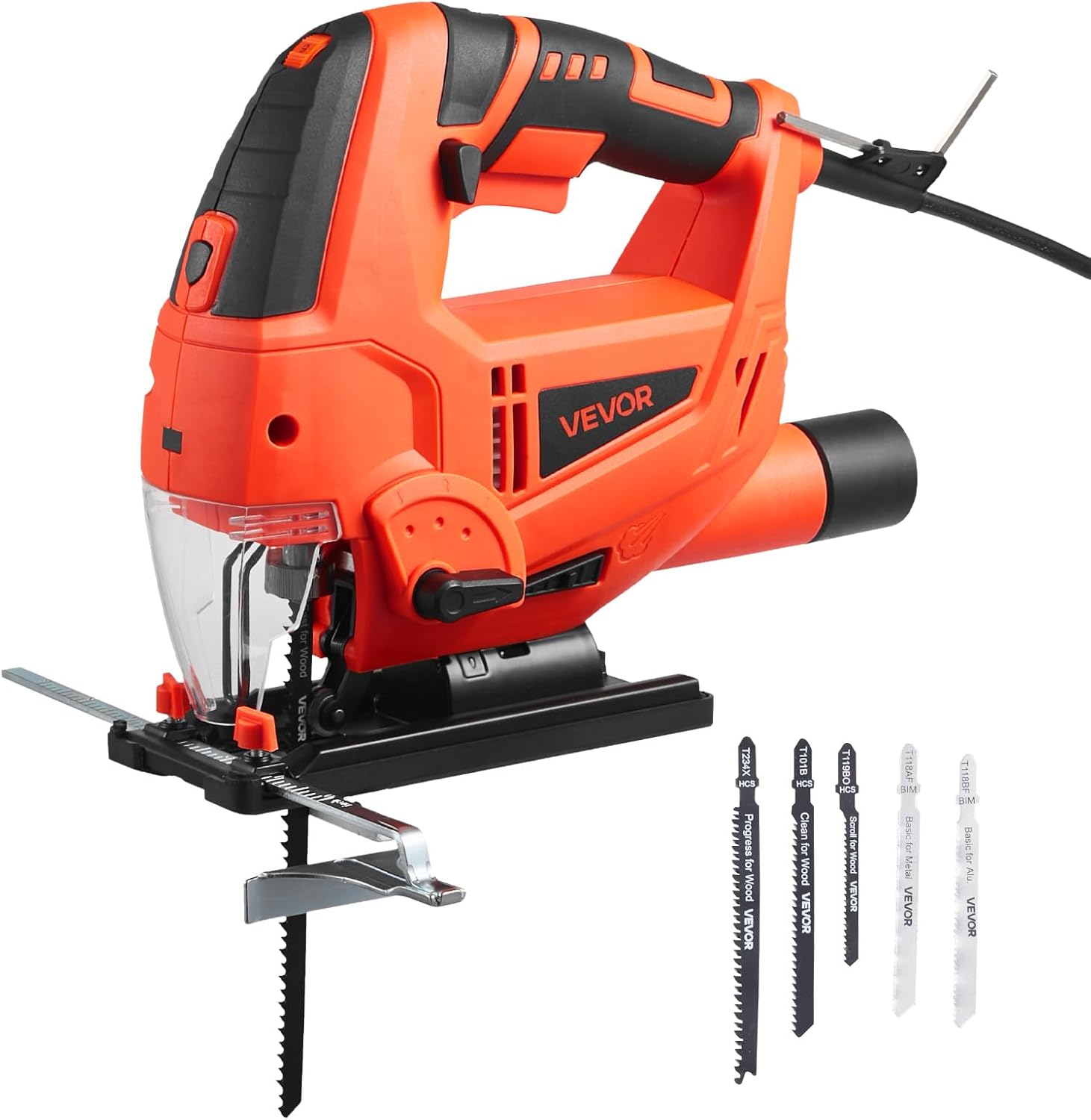 VEVOR Jig Saw, 6.5 Amp, 3000 SPM Blade Speed, Electric Jigsaw with 6 pcs Blades, LED Light, 6 Variable Speed, 0-45° Bevel Cuts, 4 Orbital Settings for Straight/Circle Cutting, for Wood and Metal - Image 1