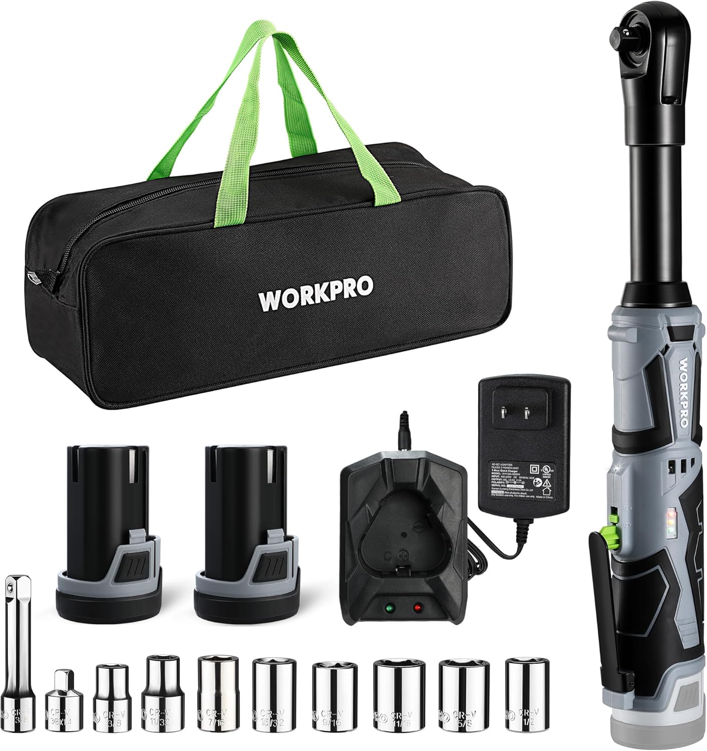WORKPRO 12V 40 Ft-lbs Power Ratchet Wrench Kit with 10-Piece Socket Accessory Set, 1-Hour Fast Charger, 2.0Ah Lithium-Ion Batteries - Image 1
