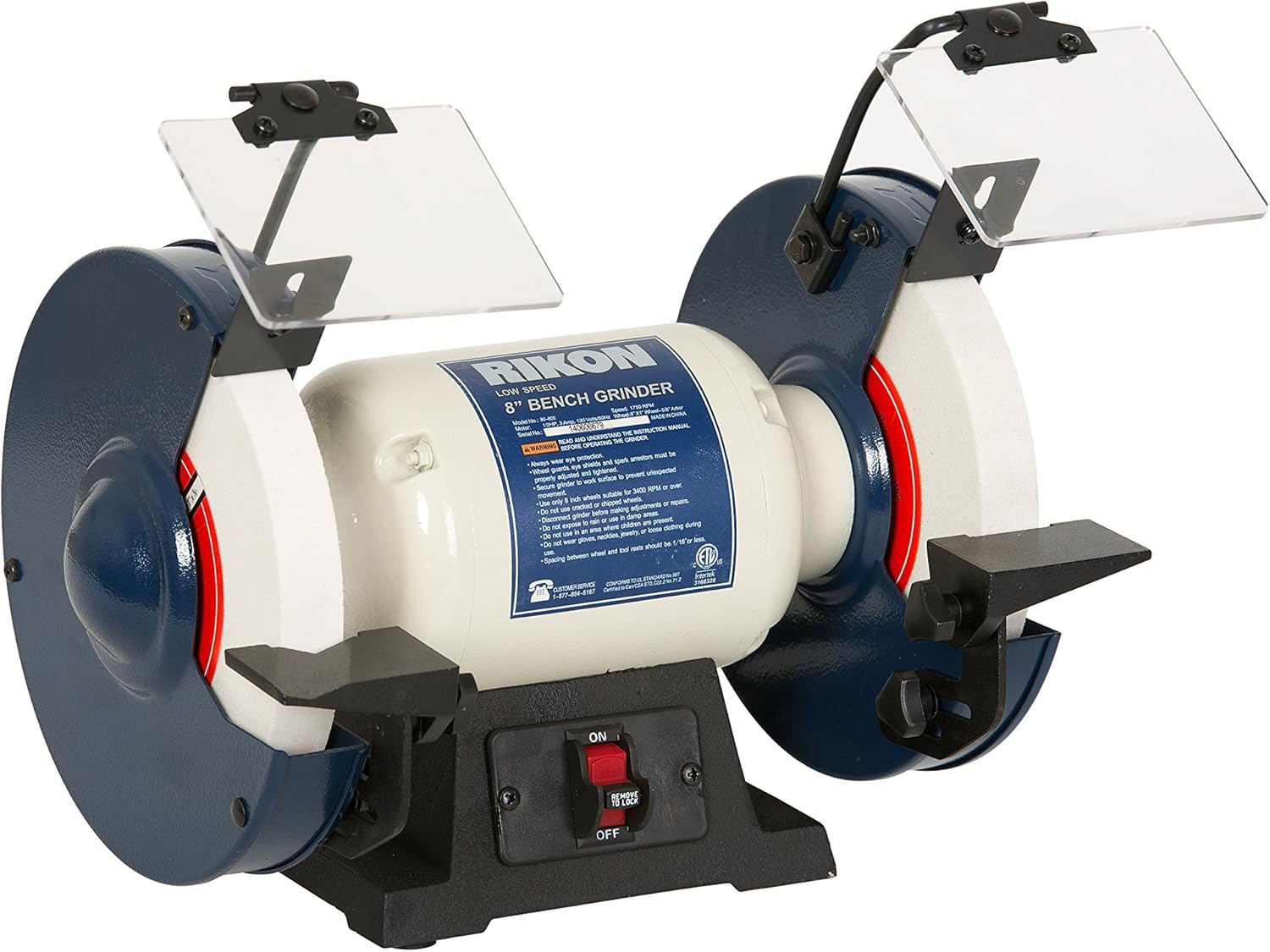 RIKON Professional Power Tools, 80-805, 8â€ Slow Speed Bench Grinder, Powerful Shop Table Tool, Perfect for Sharpening, With Anti-Vibration Rubber Feet - Image 1