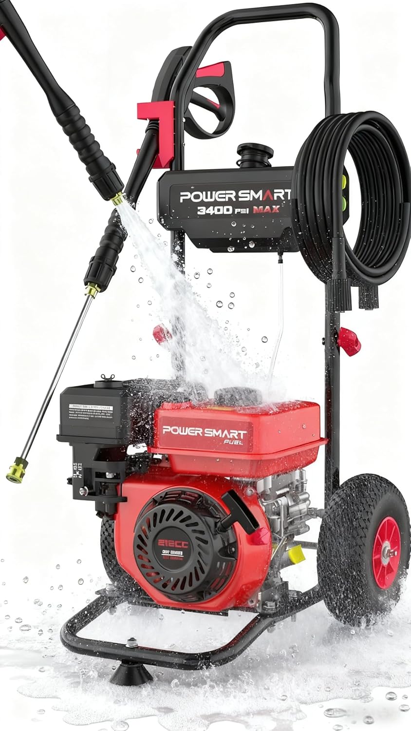 PowerSmart Gas Pressure Washer 3400 PSI, 2.5 GPM Gas Powered Pressure Washer, 212CC Engine, 10" Wheels, 5 Nozzles for Patio, Car, Driveway, Fence & Home Cleaning - Image 1