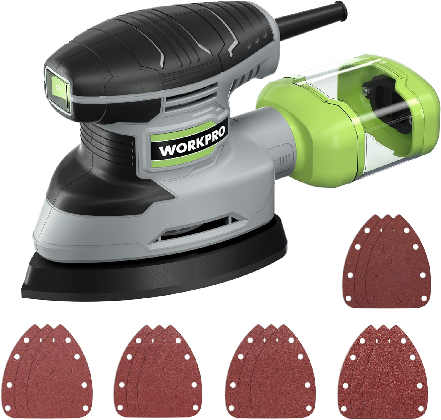 WORKPRO Detail Sander, 13,000 OPM Compact Electric Sander with Dust Collector, 1.6Amp Power Sander with 15PCS Sanderpapers for Tight Spaces Woodworking - Image 1