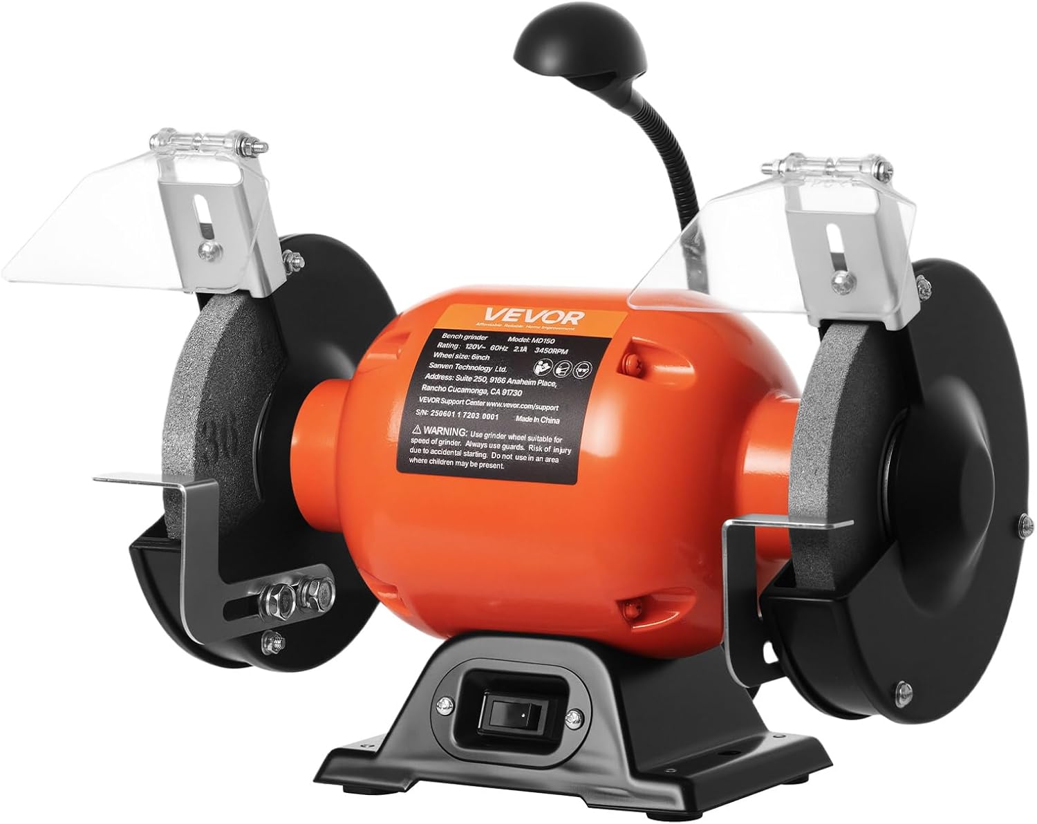 VEVOR Bench Grinder, 6-inch Single Speed Bench Grinder, 3450RPM High-Speed Table Grinders with 250W 2.1A 1/3Hp Induction Motor, 36/60-Grit Grinding Wheels & LED Work Light for Fast Sharpening Grinding - Image 1