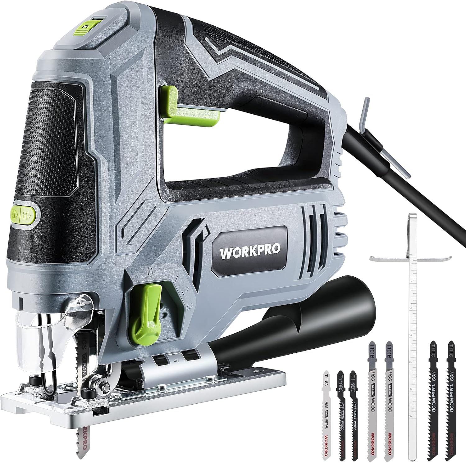 WORKPRO Jigsaw, 6.5AMP 850W Corded Electric Jig Saw Tool Kit with 6 Variable Speeds, 7 Blades, ±45° Bevel Cutting, LED Light, 3000 SPM, 4 Orbital Settings, Edge Guide, Tool-free Blade Changing - Image 1