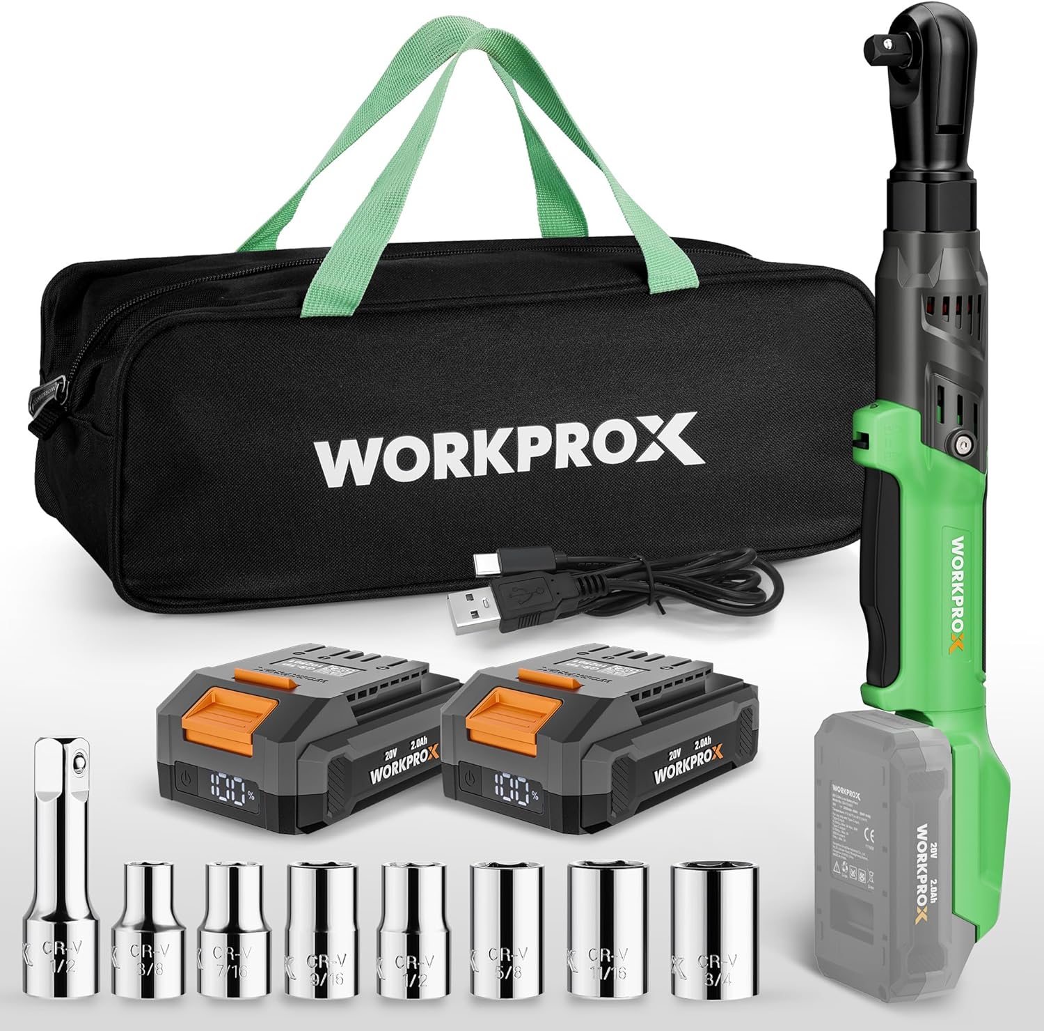 WORKPROX Electric Ratchet Wrench 1/2" Set, 20V Cordless Ratchet Wrench Kit, 74Ft-lbs, 250RPM, Battery Powered Ratchet with LED Light, 2-Pack 2000mAh Batteries, 7 Sockets & 3" Extension Bar - Image 1