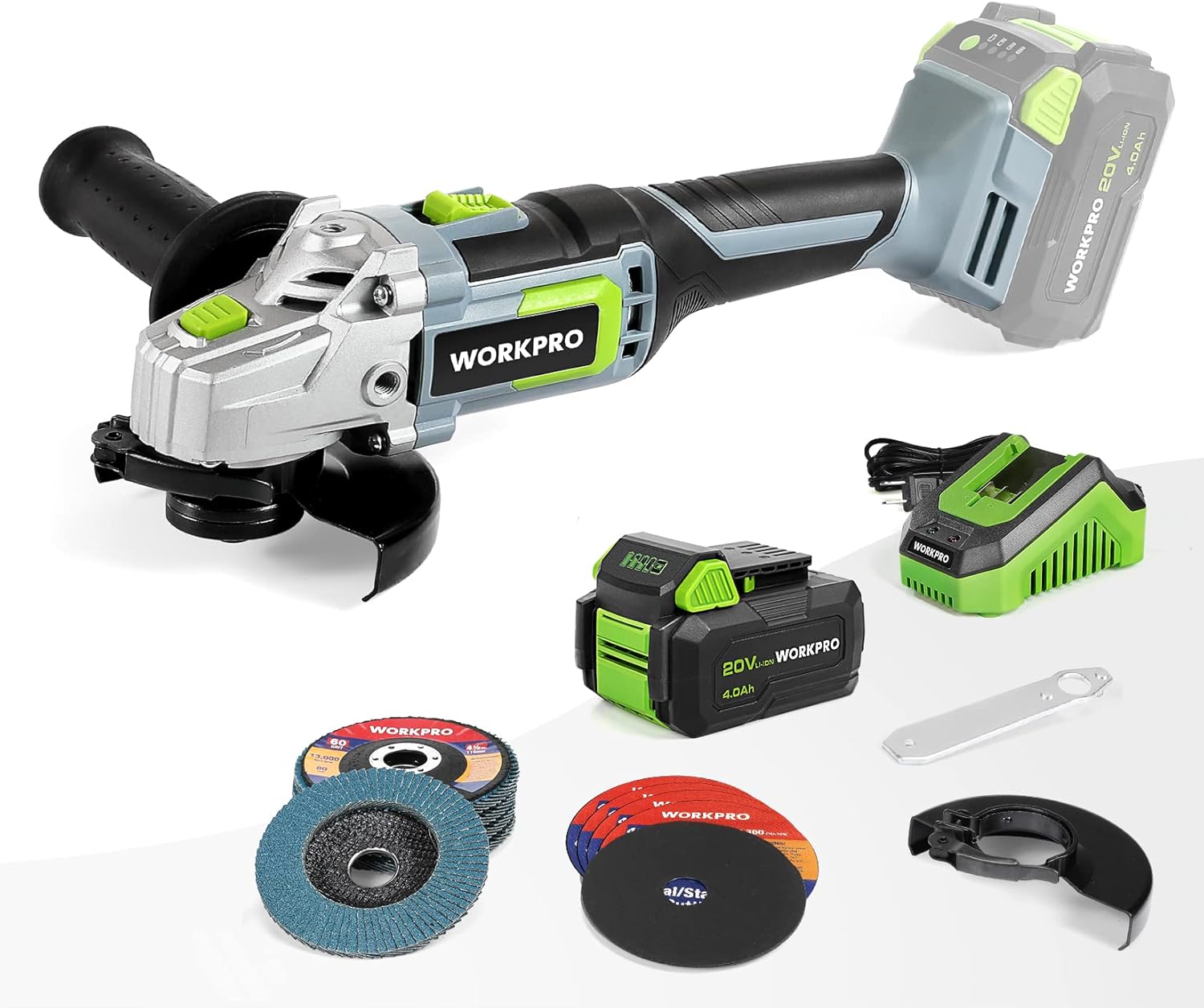 WORKPRO 20V Cordless Angle Grinder Kit, 4-1/2 Inch, Lightweight Angle Grinder Tool 4.0Ah Lithium-Ion Battery & Fast Charger, Ergonomic Button Position for Reducing Hand Pressure - Image 1