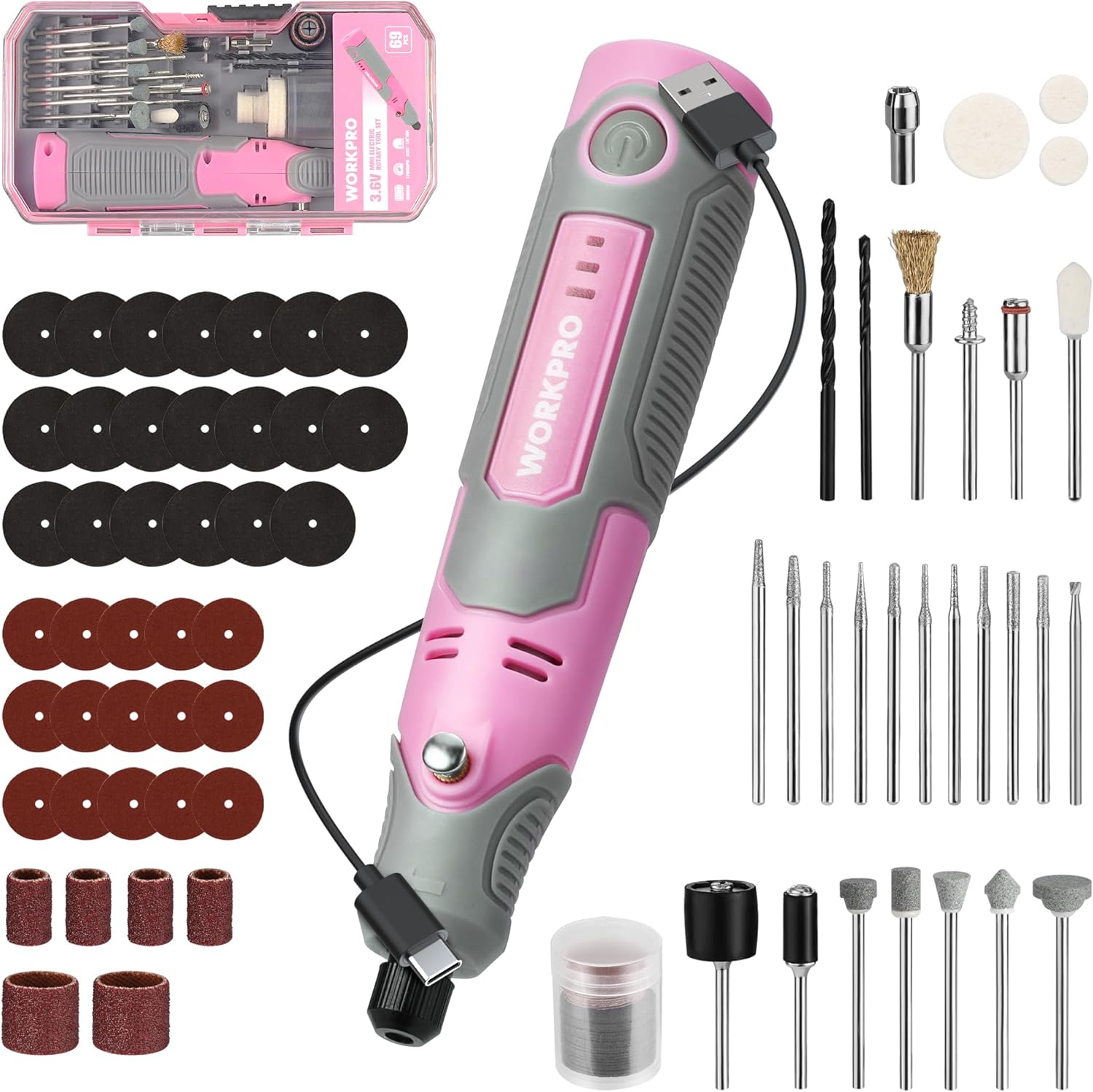WORKPRO Cordless Rotary Tool Kit with 71pcs Accessories, 3 Variable Speeds, USB Rechargeable Mini Rotary Tool for Engraving, Sanding, Polishing, Carving, Cutting, DIY Crafts - Pink Ribbon - Image 1
