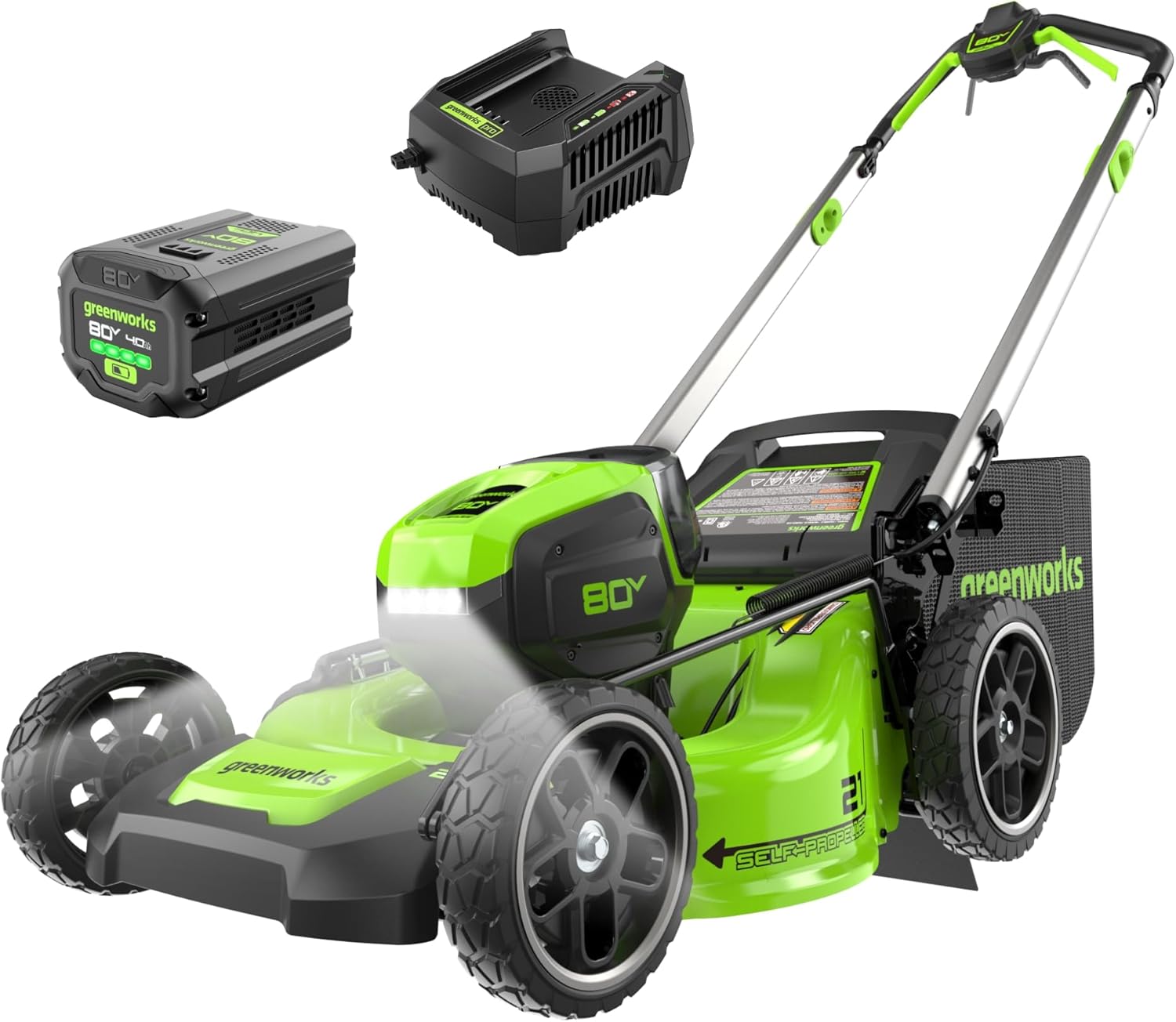 Greenworks 80V 21" Self-Propelled Cordless Lawn Mower – Brushless Motor, LED Lights, 4.0Ah Battery & Rapid Charger (75+ Compatible Tools) - Image 1