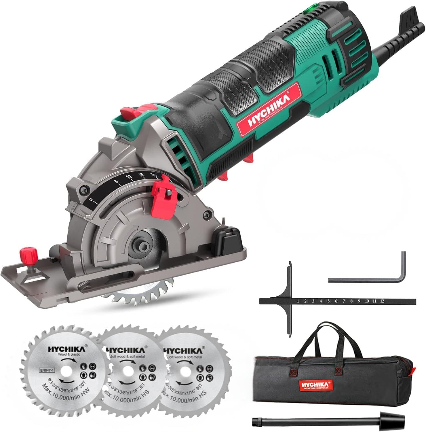 HYCHIKA Mini Circular Saw, Compact with 3 Blades 4A Pure Copper Motor, Scale Ruler, 3-3/8”4500RPM Ideal for Wood, Soft Metal and Plastic Cuts - Image 1