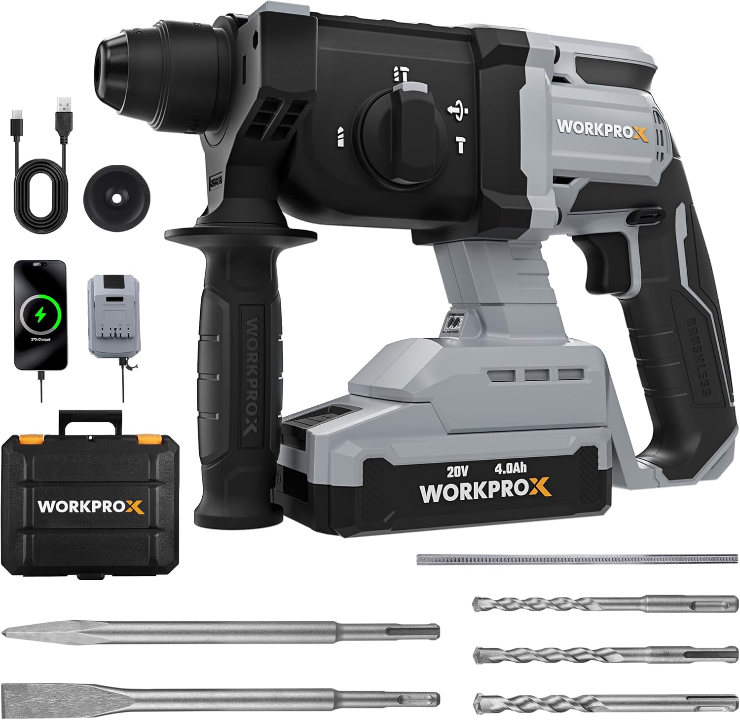 WORKPROX 20V Cordless Rotary Hammer Drill, 7/8" SDS-Plus, 2.0J Hammer Drill for Concrete with 4 Functions, Brushless Motor, 4.0Ah Battery & LED Light, Lightweight SDS Hammer Drill for Home Use - Image 1