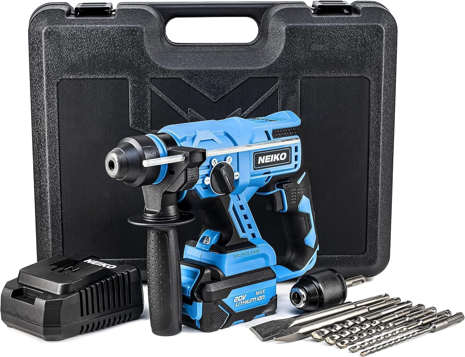 NEIKO 10882A Cordless Rotary Hammer Drill, Includes 20-Volt Li-ion Rechargeable Battery, Fast Charger, SDS Plus Hammer Drill, Heavy Duty Brushless Demolition Hammer, Cordless Hammer Drill, Rotohammer - Image 1
