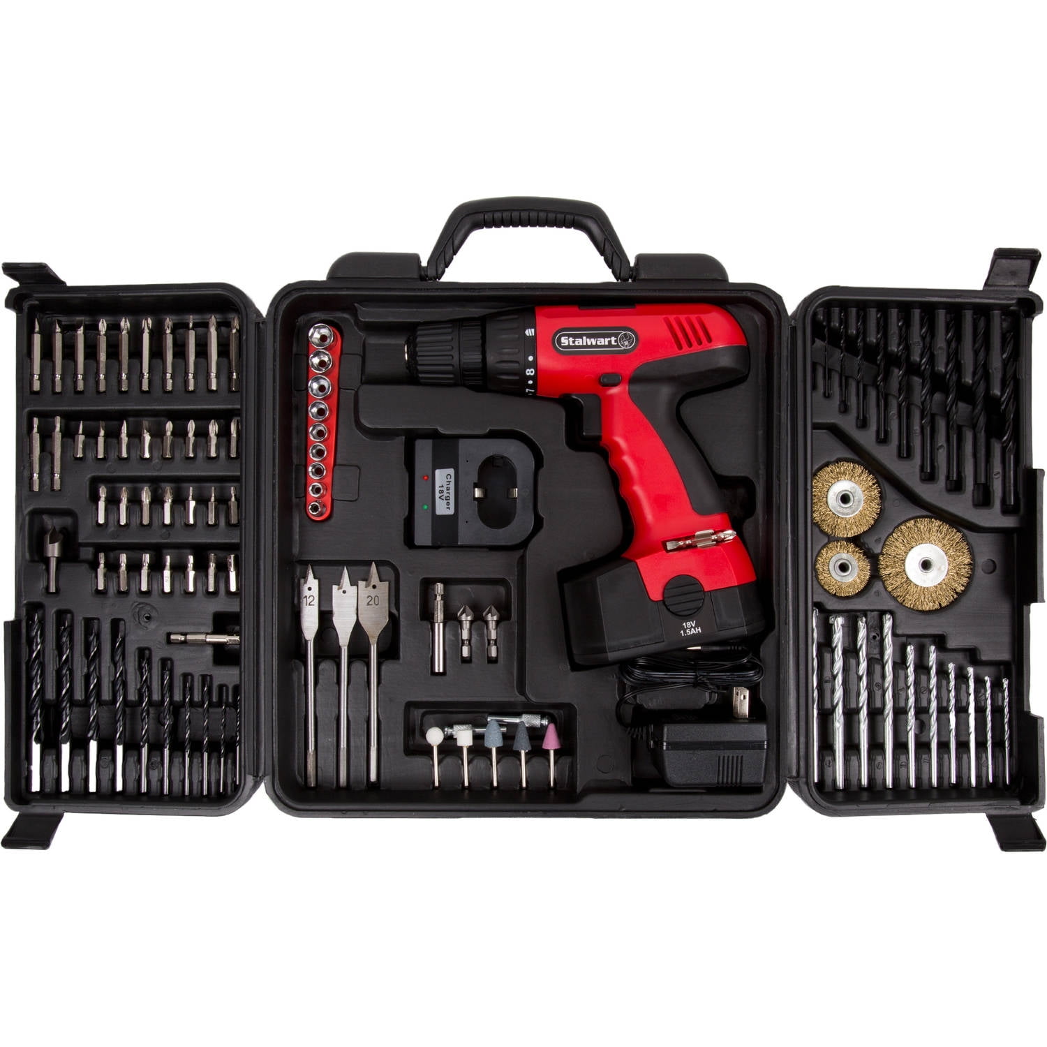 18V Cordless Power Drill Set - 89-Piece Kit with Rechargeable Battery and Charger - Includes Assorted Drivers, Bits, and Sockets by Stalwart (Red) - Image 1