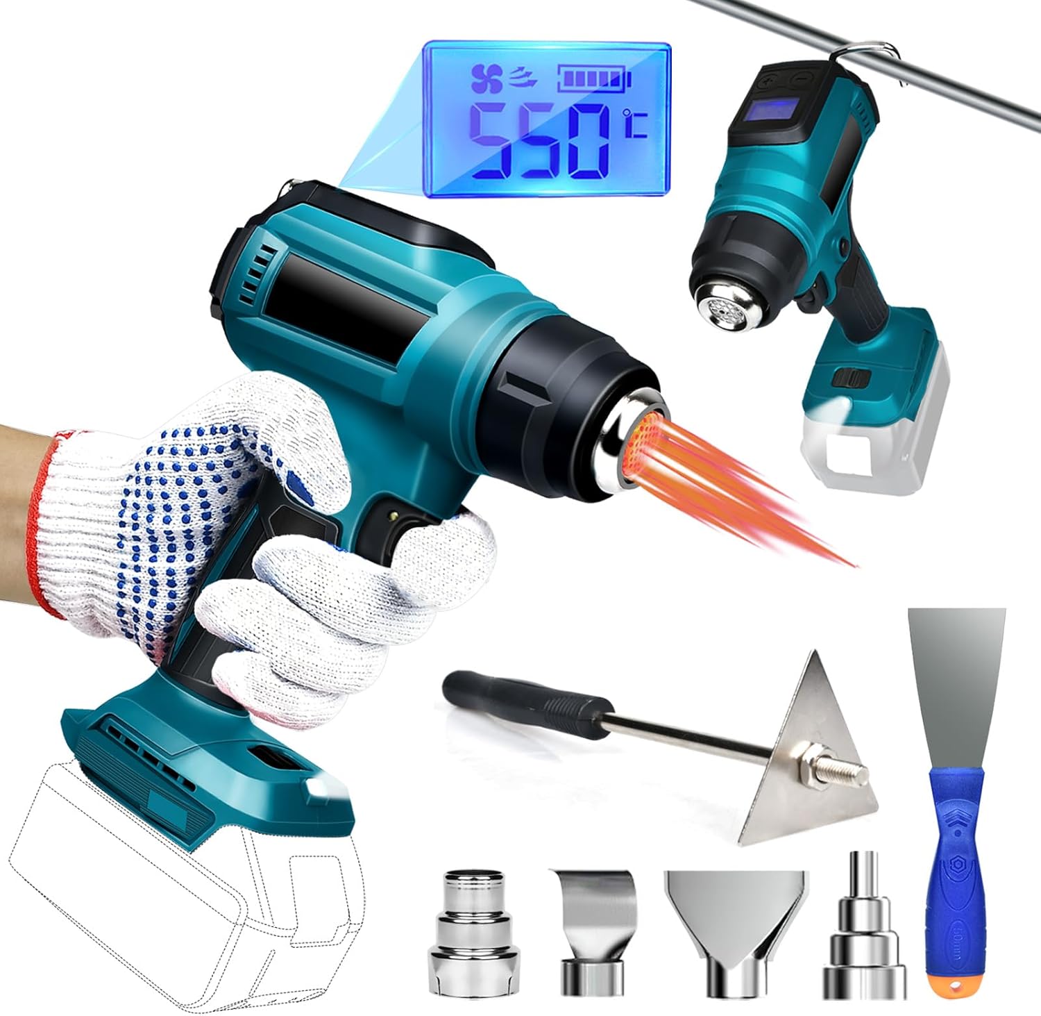 Cordless Heat Gun for Makita 18v Battery, 350W 122℉-1022℉ Fast Heating Soldering Hot Air Gun with LCD Digital Display for Shrink Tubing, PVC Wrap - Image 1