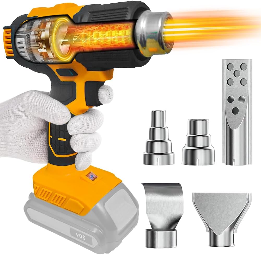 Cordless Heat Gun for Dewalt 20v Battery, 350W Fast Heating Soldering Hot Air Gun 122℉-1022℉ Variable Temperature Control with 5 Nozzles for DIY Crafts, Shrink Tubing (No Battery) - Image 1
