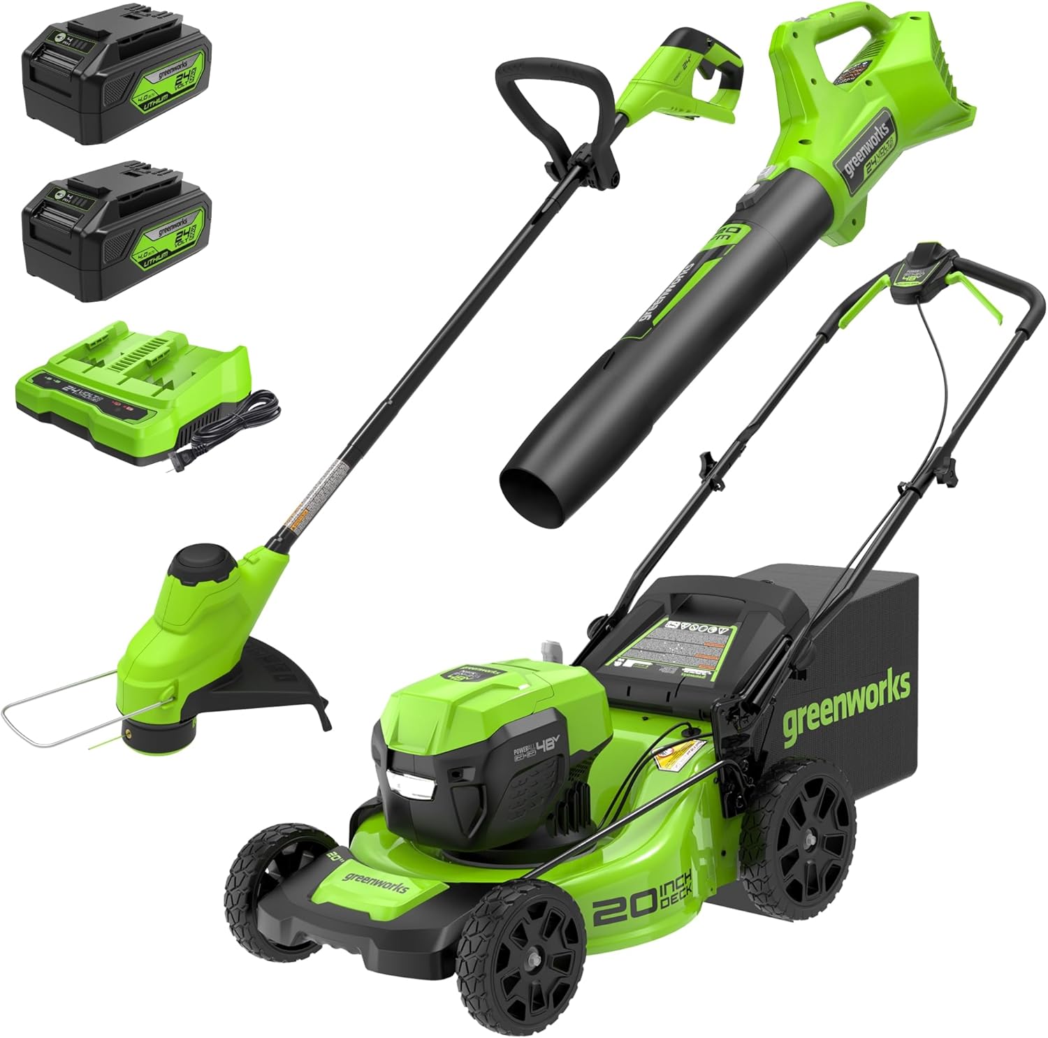 Greenworks 48V (24V x 2) 20" Brushless Mower+12" String Trimmer +320CFM Blower,(2) 4.0Ah Batteries and 4A Dual Port Charger - Image 1